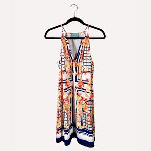 Skies Are Blue Medium White, Blue, Orange and Yellow Print Dress